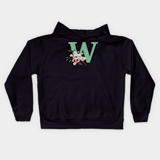 Letter W green with colorful flowers Kids Hoodie